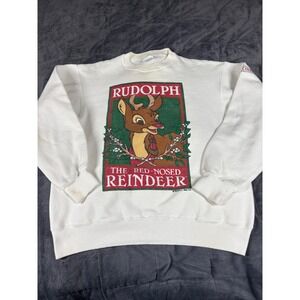 Vintage Hanes Rudolph Red-Nosed Reindeer Sweatshirt White Large Christmas 90s